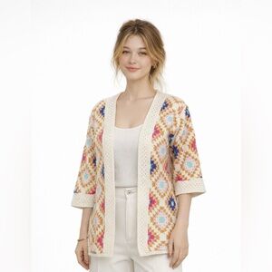 Cream Multicolor Diamond Knit Cardigan
